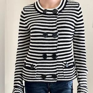 Talbots Petite Black White Stripe Cardigan Jacket